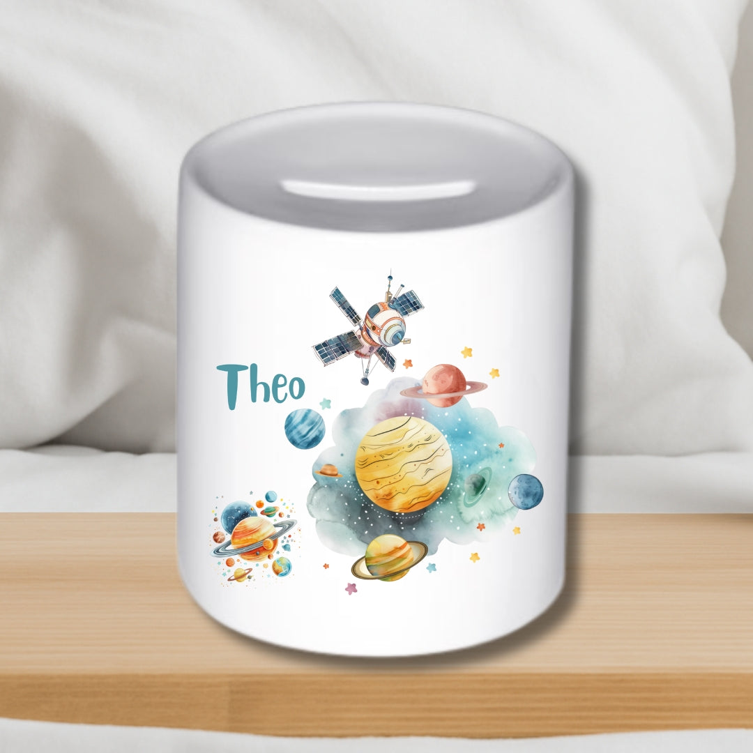 Weltall – Astronaut & Rakete – Personalisierte Keramik-Spardose für Kinder