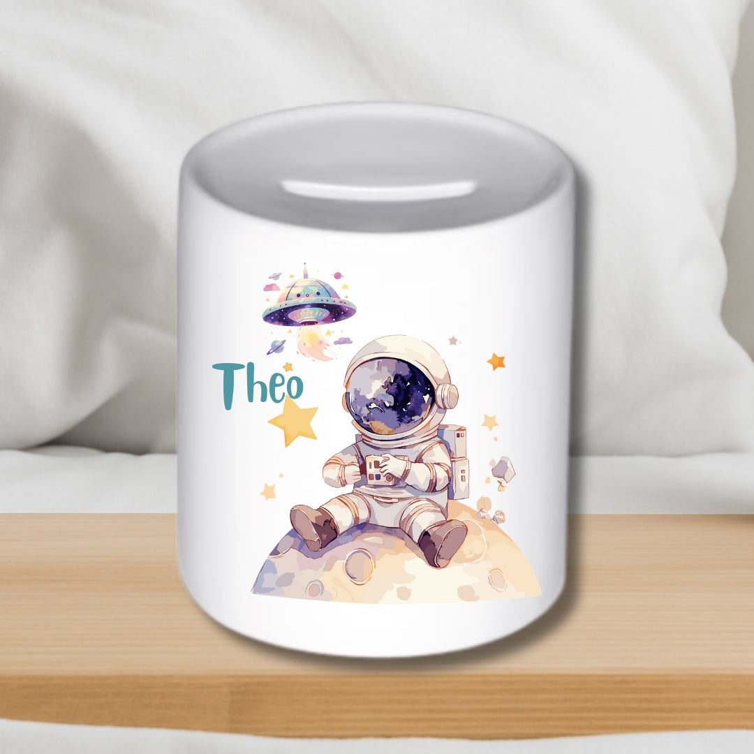 Weltall – Astronaut & Rakete – Personalisierte Keramik-Spardose für Kinder