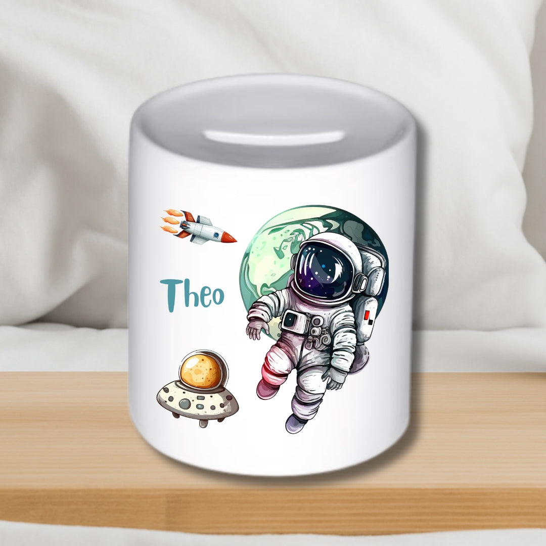 Weltall – Astronaut & Rakete – Personalisierte Keramik-Spardose für Kinder