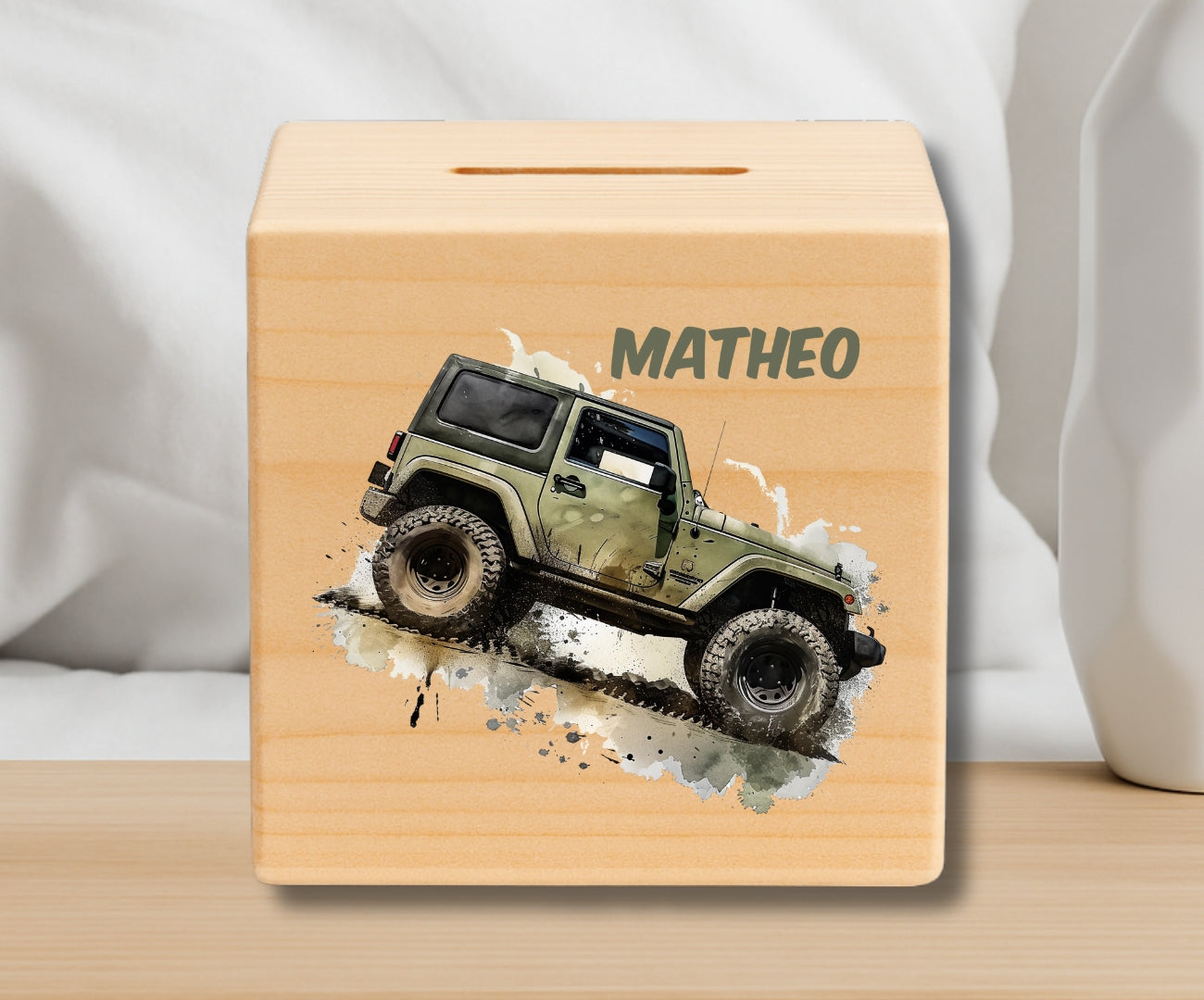 Holz Spardose Kinder personalisiert – Auto Motiv mit Namen – Geschenk Jungen