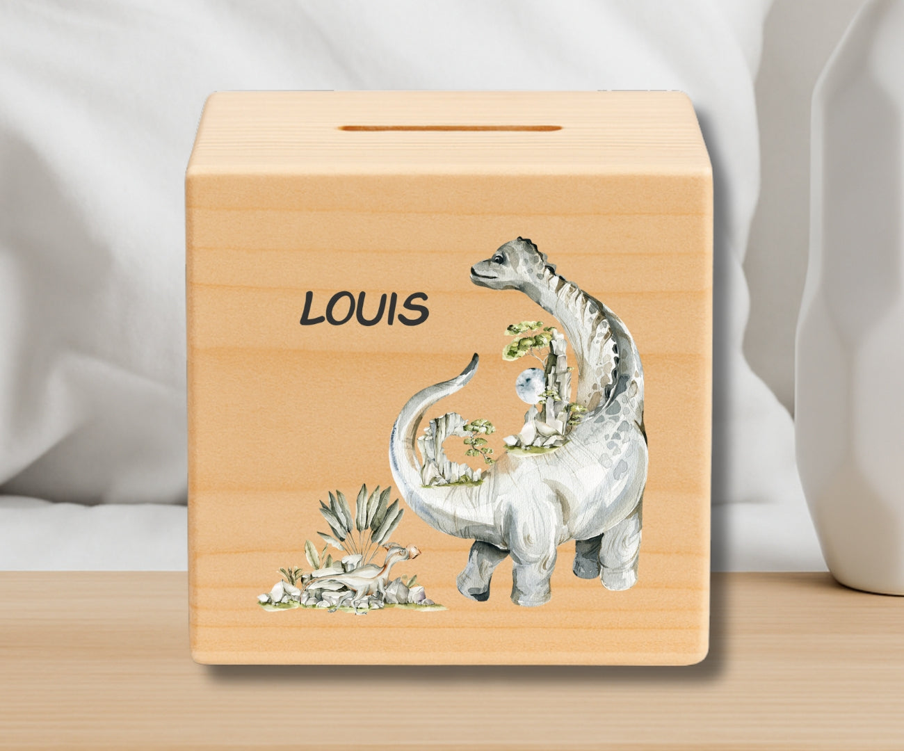 Holz Spardose Kinder personalisiert – Dino Motiv mit Namen – Geschenk Jungen & Mädchen