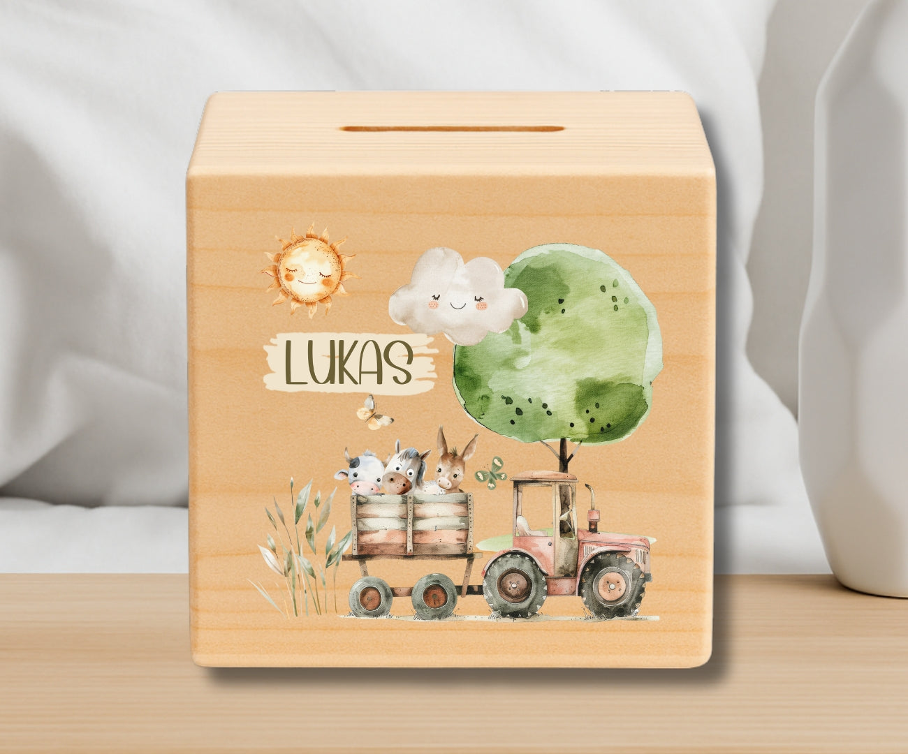 Holz Spardose Kinder personalisiert – Bauernhof Motiv mit Namen