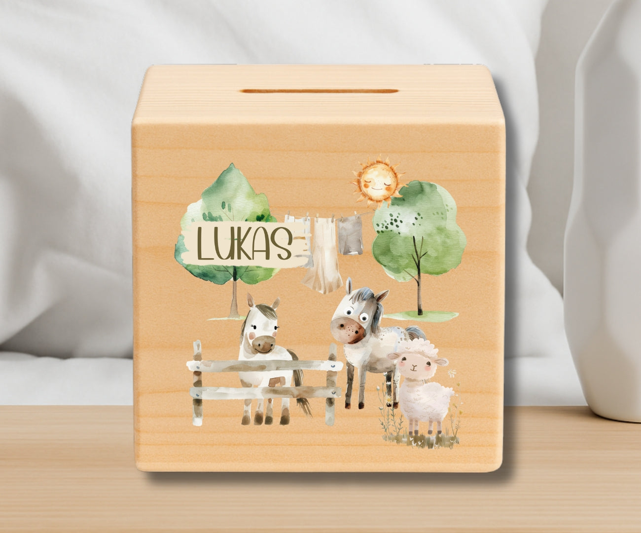 Holz Spardose Kinder personalisiert – Bauernhof Motiv mit Namen