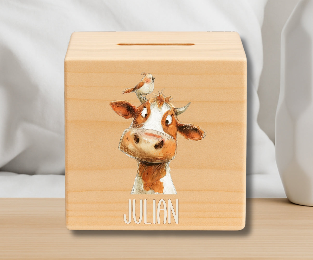 Holz Spardose Kinder personalisiert – Beige Tiermotive mit Namen