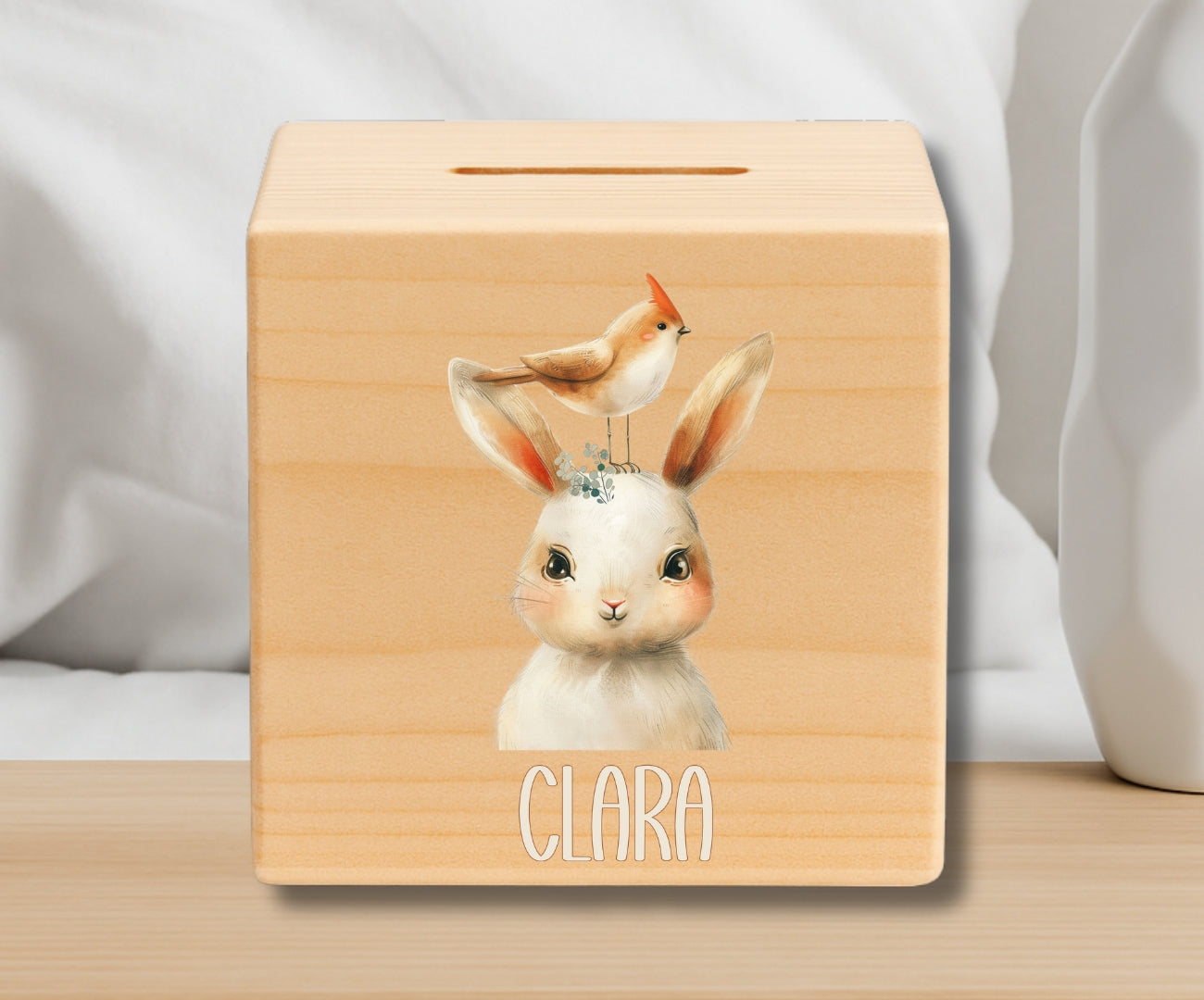 Holz Spardose Kinder personalisiert – Beige Tiermotive mit Namen