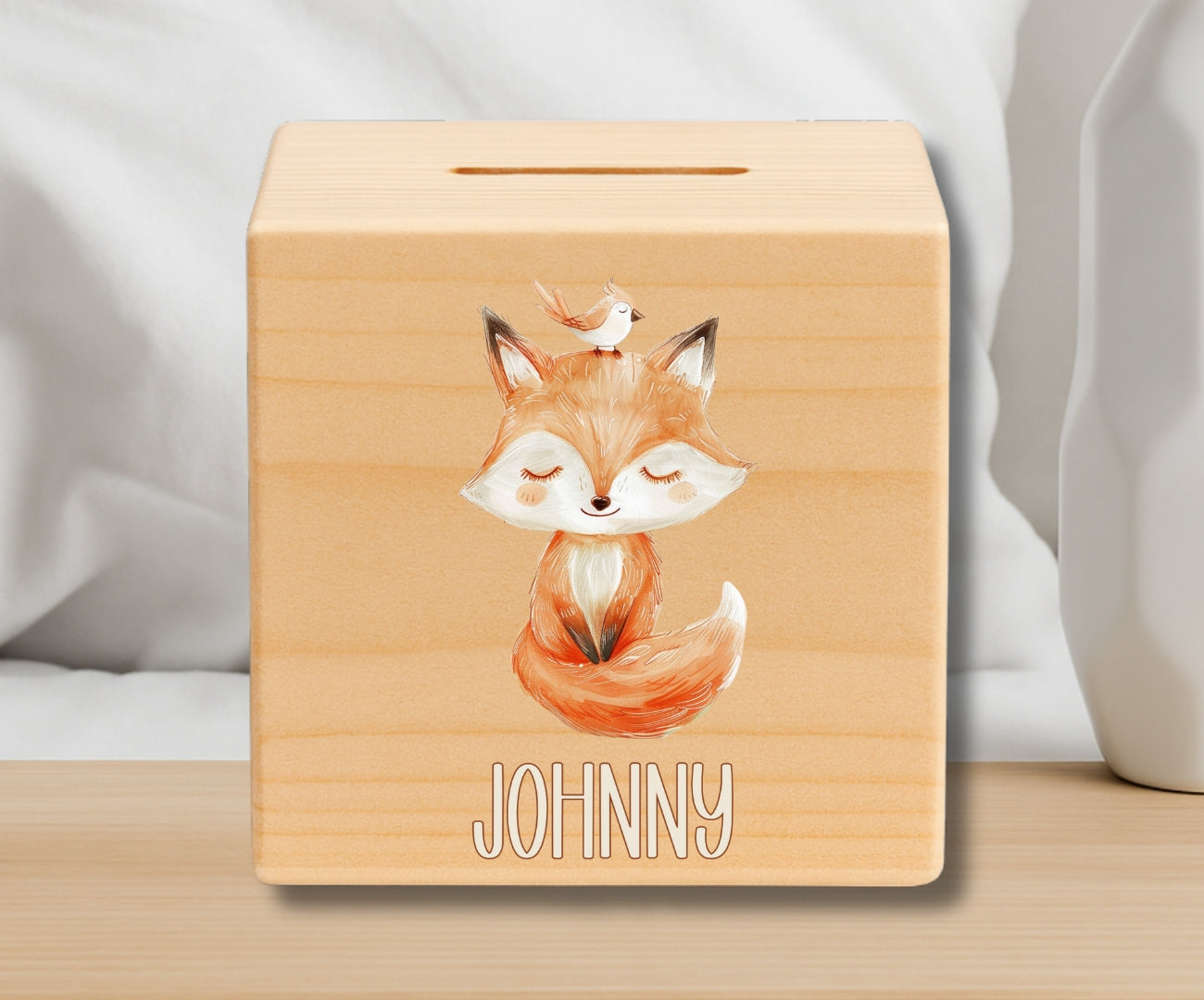 Holz Spardose Kinder personalisiert – Beige Tiermotive mit Namen