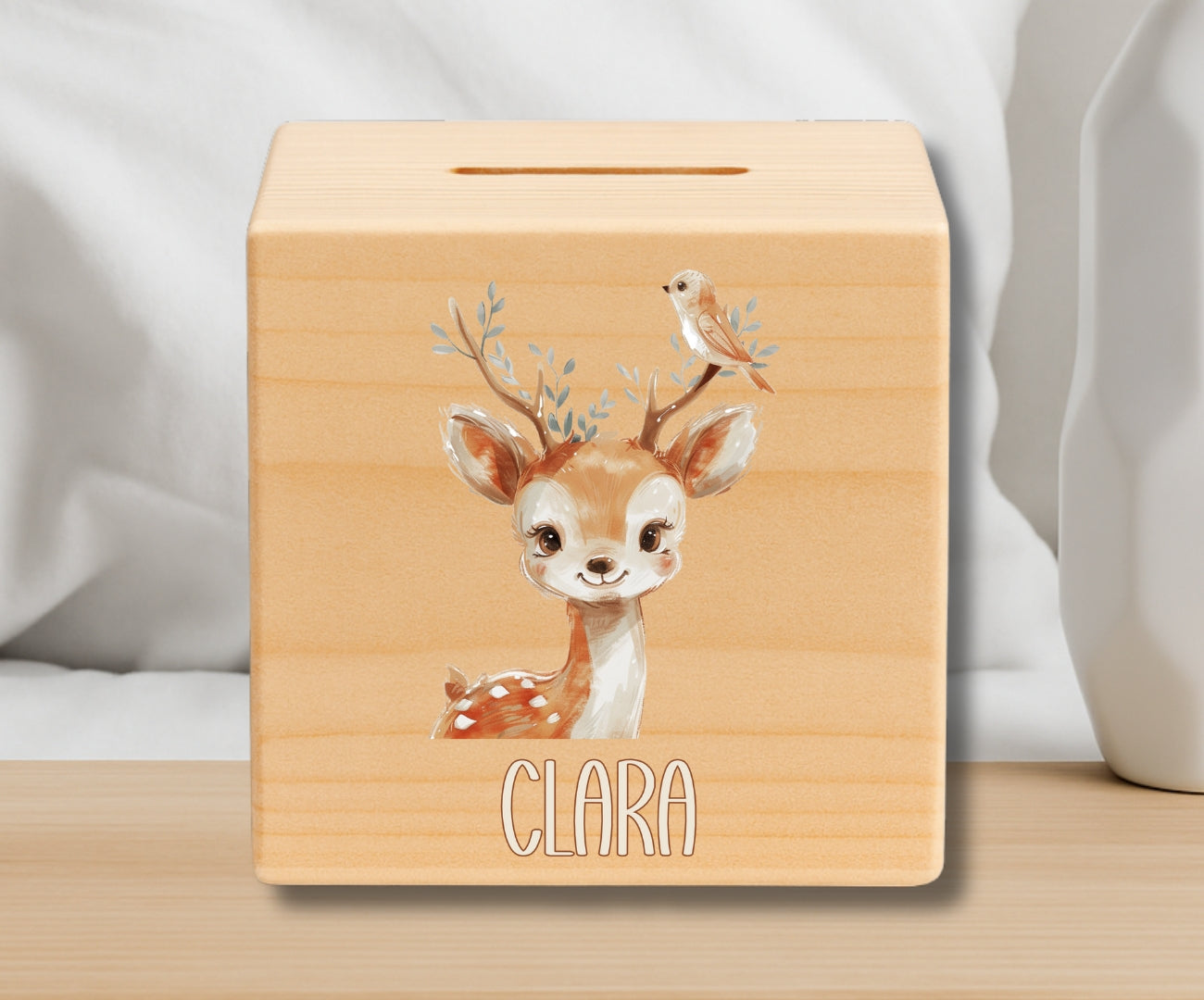 Holz Spardose Kinder personalisiert – Beige Tiermotive mit Namen