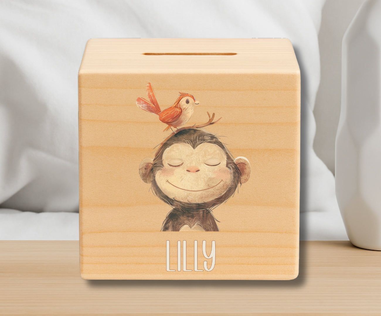 Holz Spardose Kinder personalisiert – Beige Tiermotive mit Namen