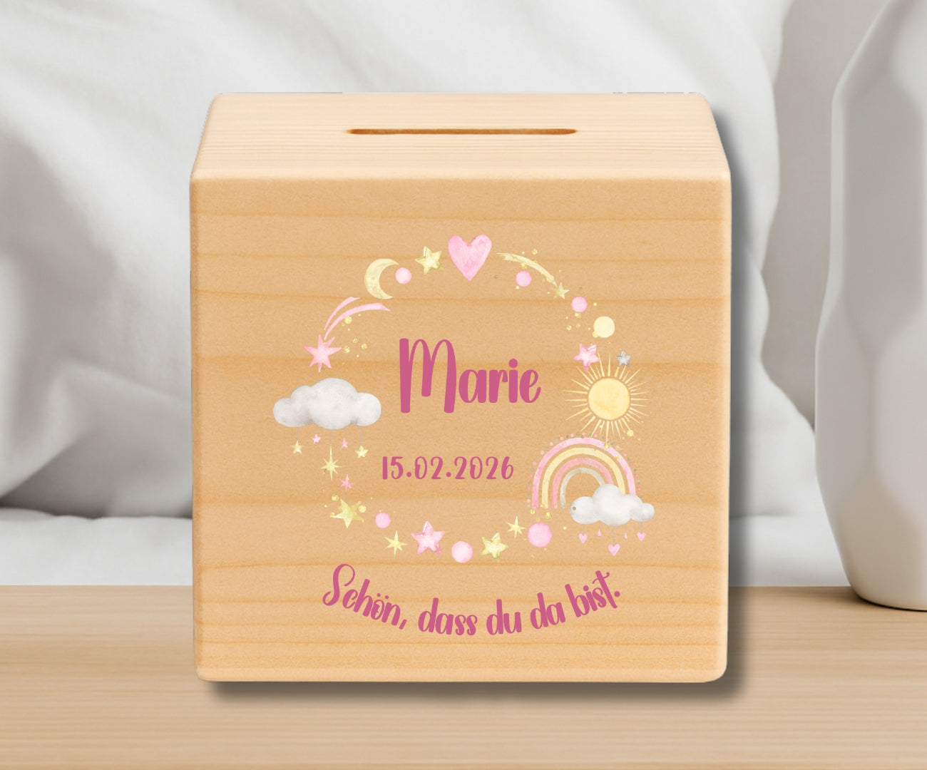 Holz Spardose Kinder personalisiert mit Namen und Geburtsdatum Geschenk zur Geburt und Taufe