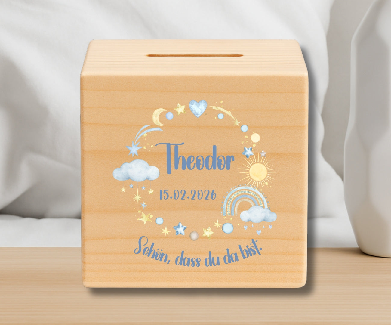 Holz Spardose Kinder personalisiert mit Namen und Geburtsdatum Geschenk zur Geburt und Taufe