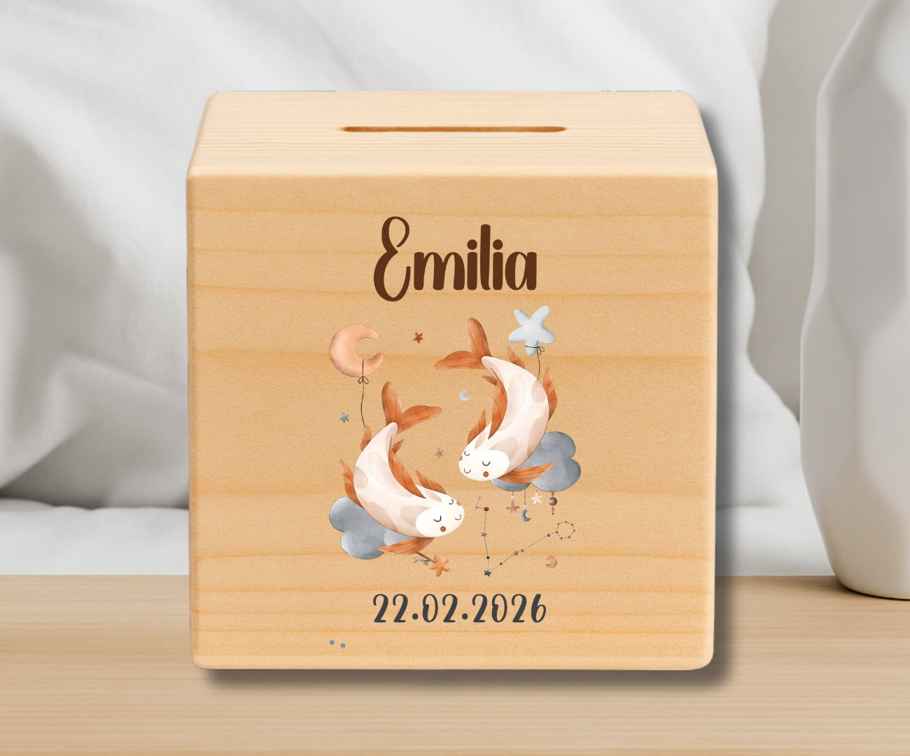 Holz Spardose Kinder personalisiert Sternzeichen mit Namen und Geburtsdatum