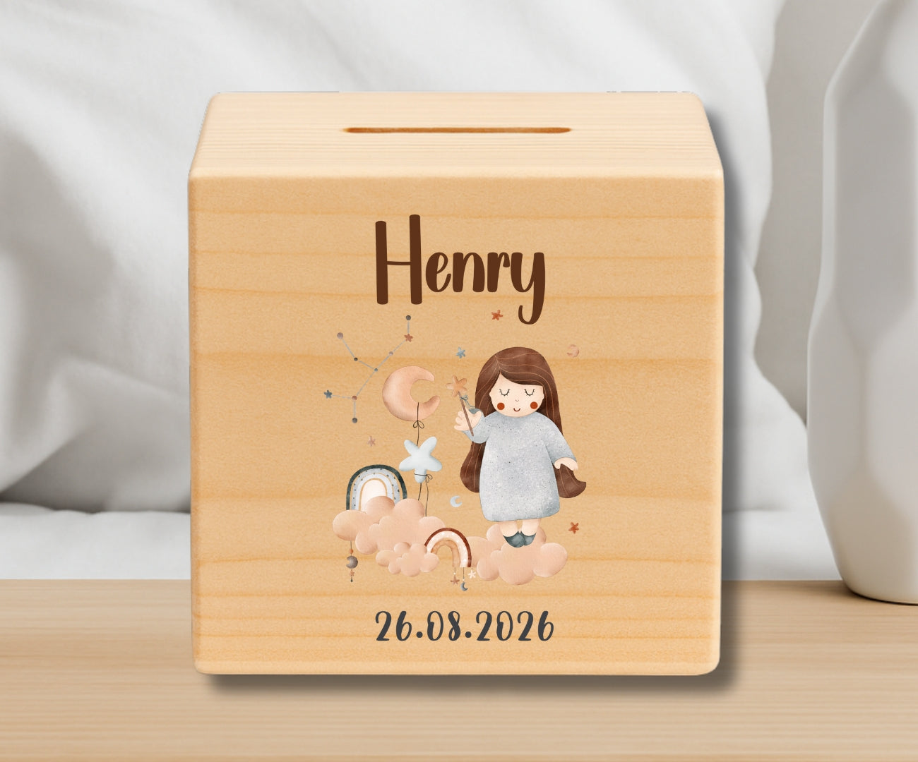 Holz Spardose Kinder personalisiert Sternzeichen mit Namen und Geburtsdatum