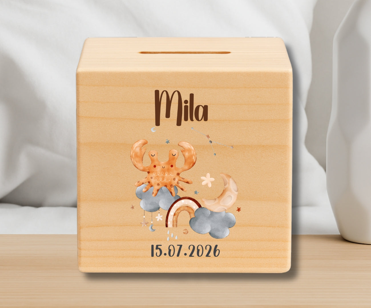 Holz Spardose Kinder personalisiert Sternzeichen mit Namen und Geburtsdatum