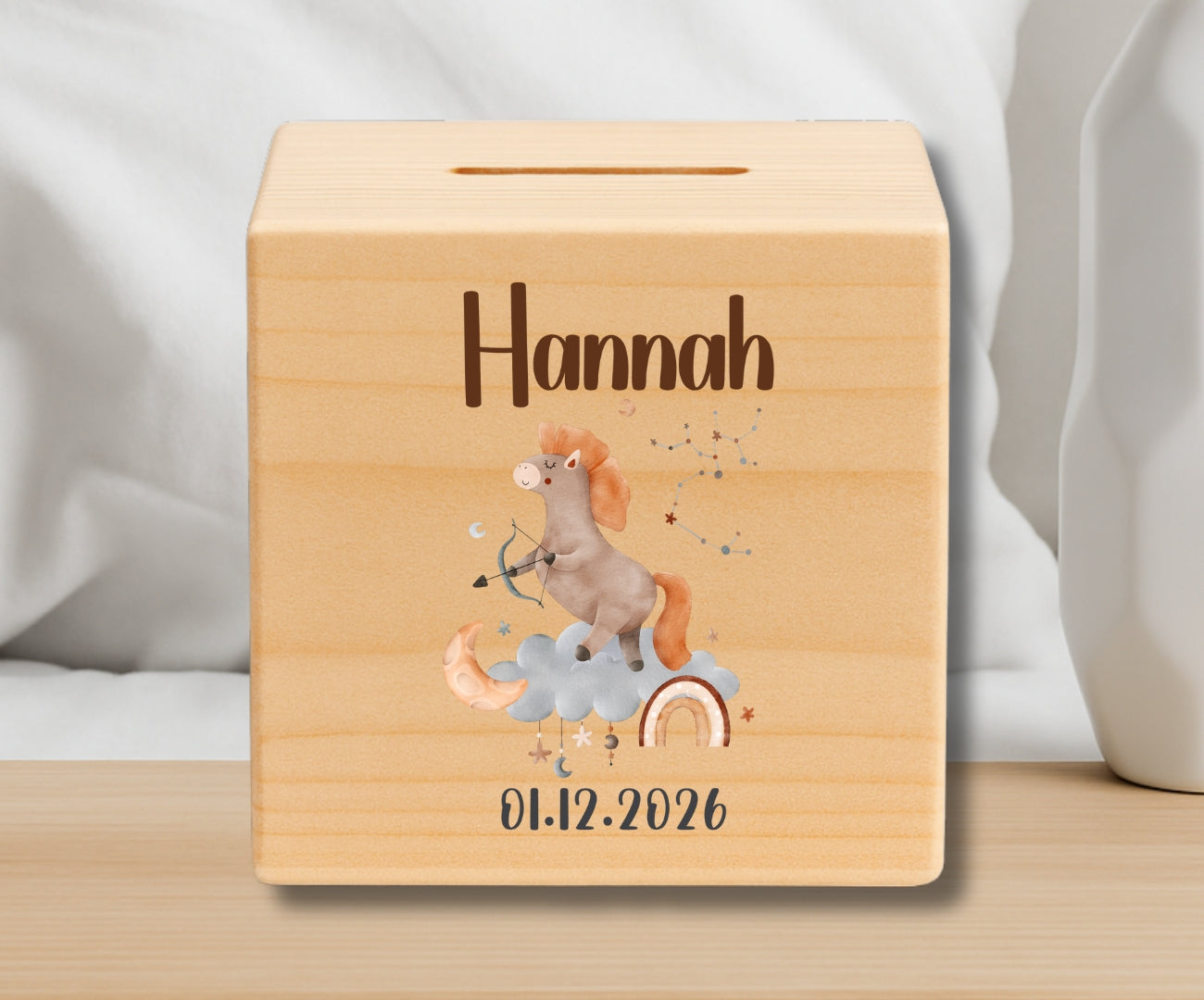 Holz Spardose Kinder personalisiert Sternzeichen mit Namen und Geburtsdatum
