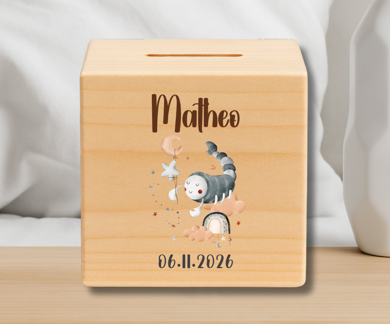 Holz Spardose Kinder personalisiert Sternzeichen mit Namen und Geburtsdatum