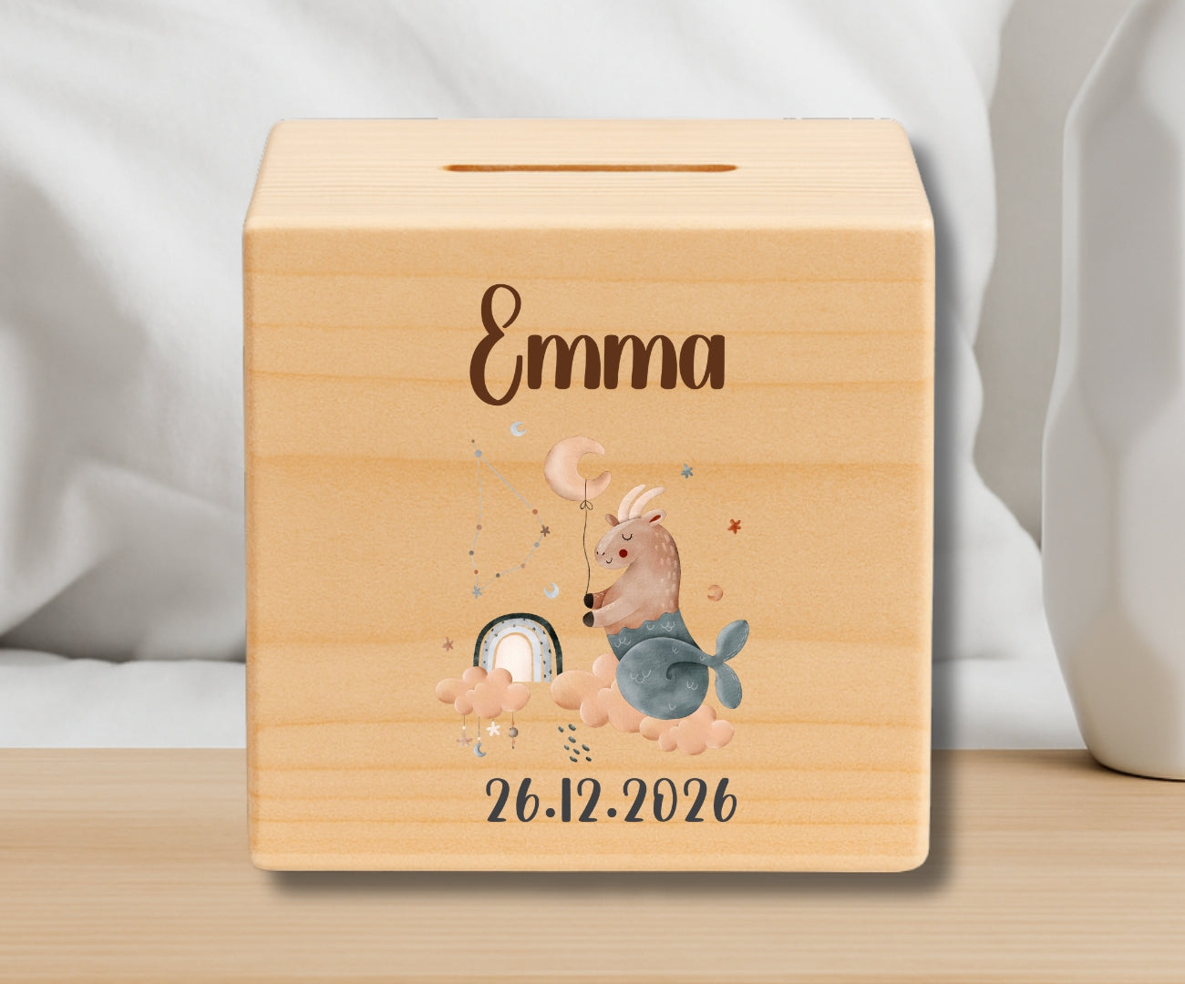 Holz Spardose Kinder personalisiert Sternzeichen mit Namen und Geburtsdatum