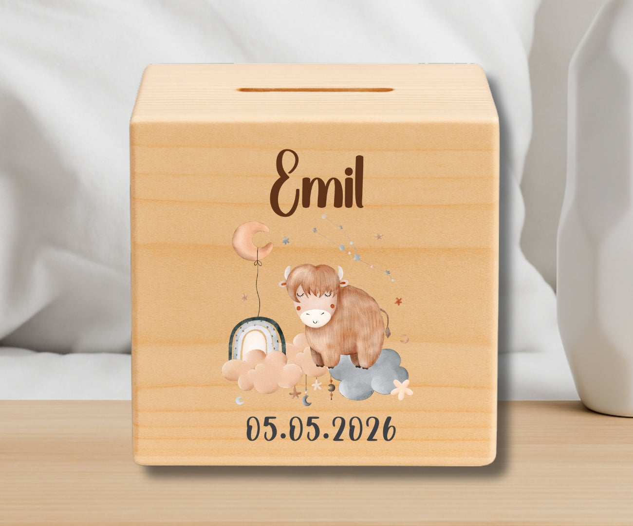 Holz Spardose Kinder personalisiert Sternzeichen mit Namen und Geburtsdatum