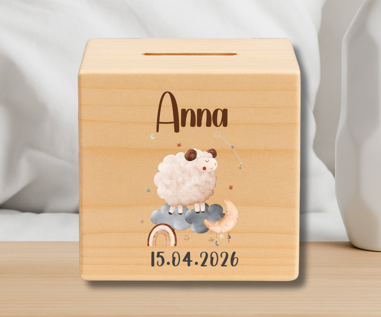 Holz Spardose Kinder personalisiert Sternzeichen mit Namen und Geburtsdatum