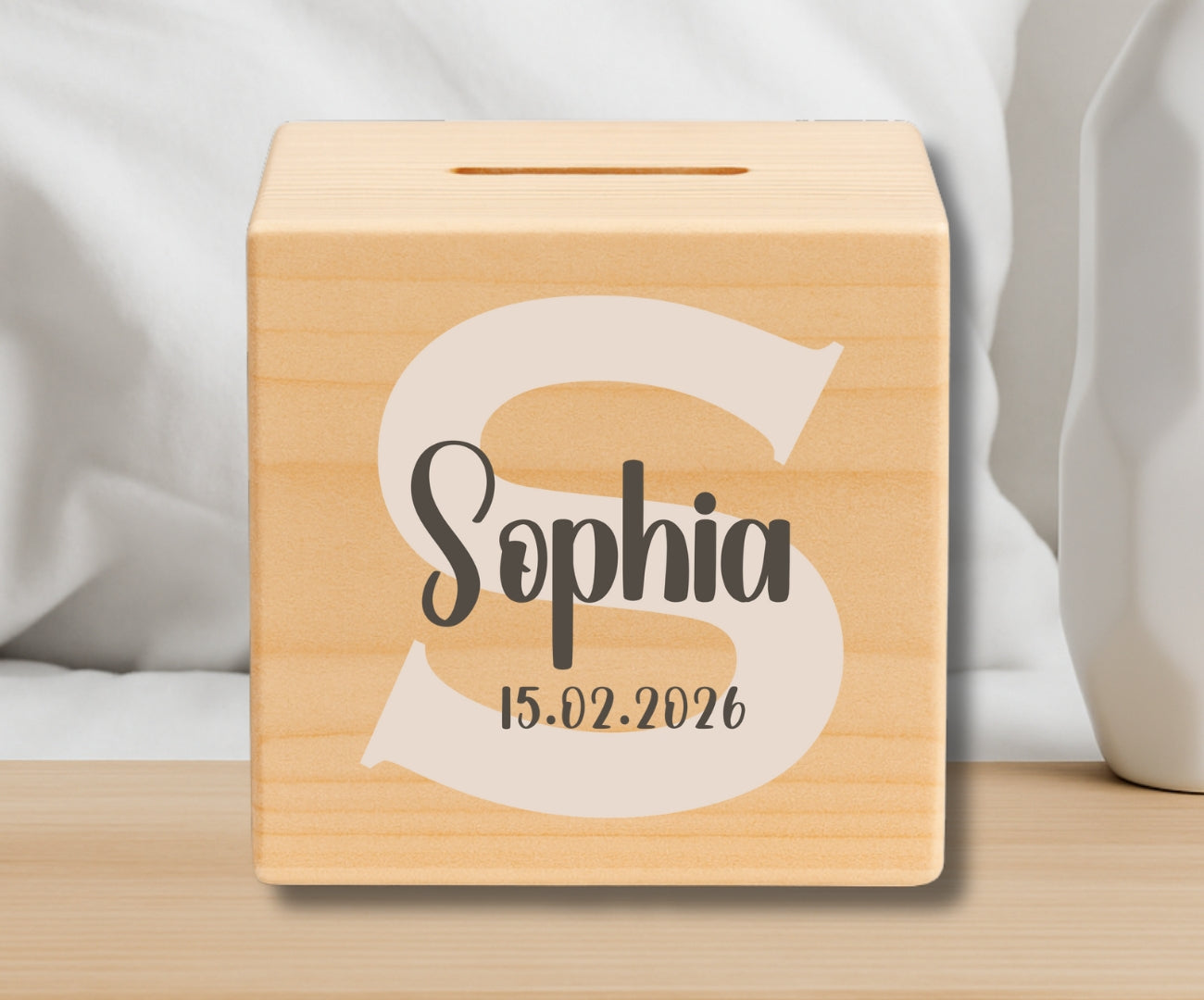 Holz Spardose Kinder personalisiert mit Namen und Geburtsdatum Geschenk zur Geburt und Taufe