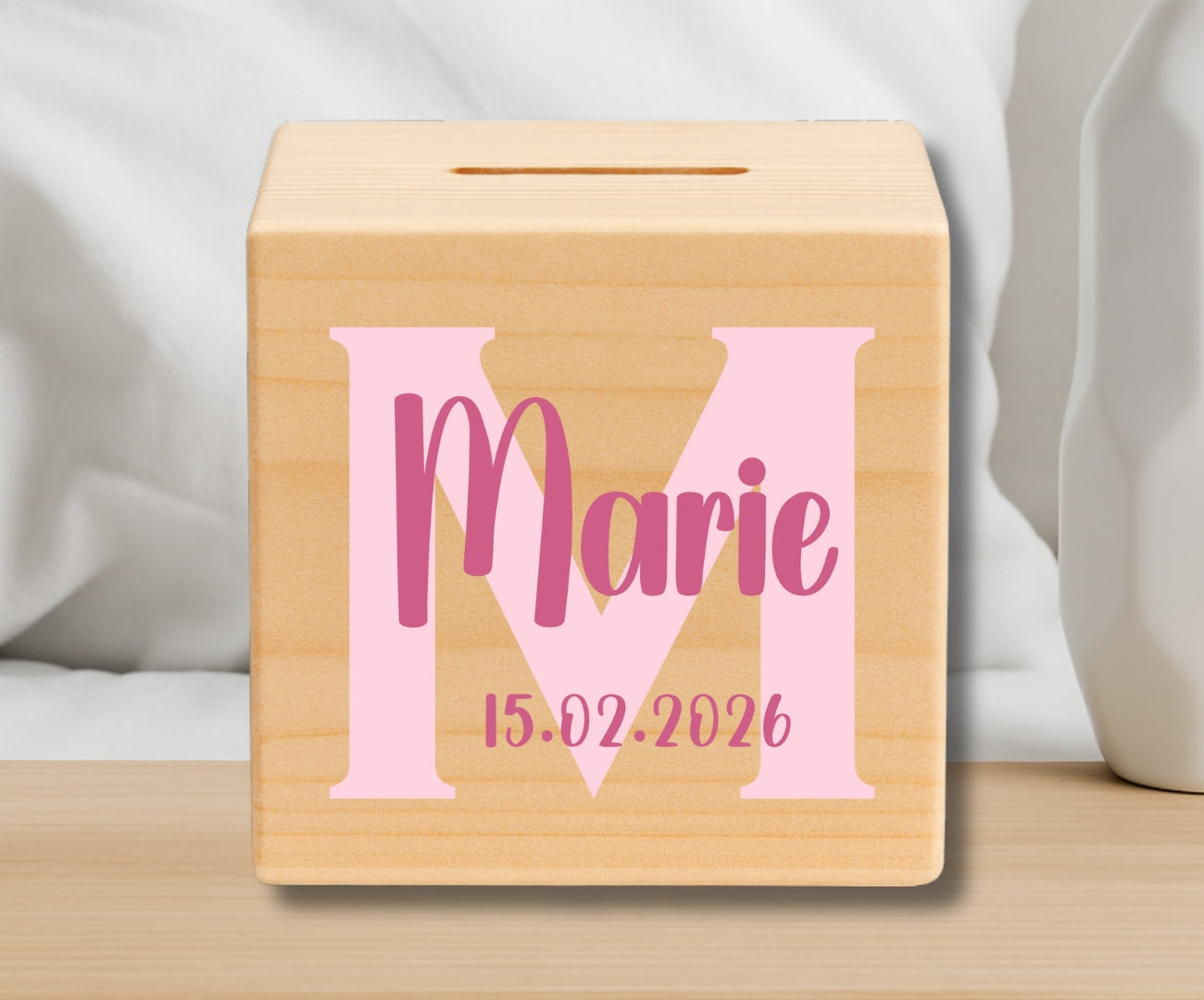Holz Spardose Kinder personalisiert mit Namen und Geburtsdatum Geschenk zur Geburt und Taufe
