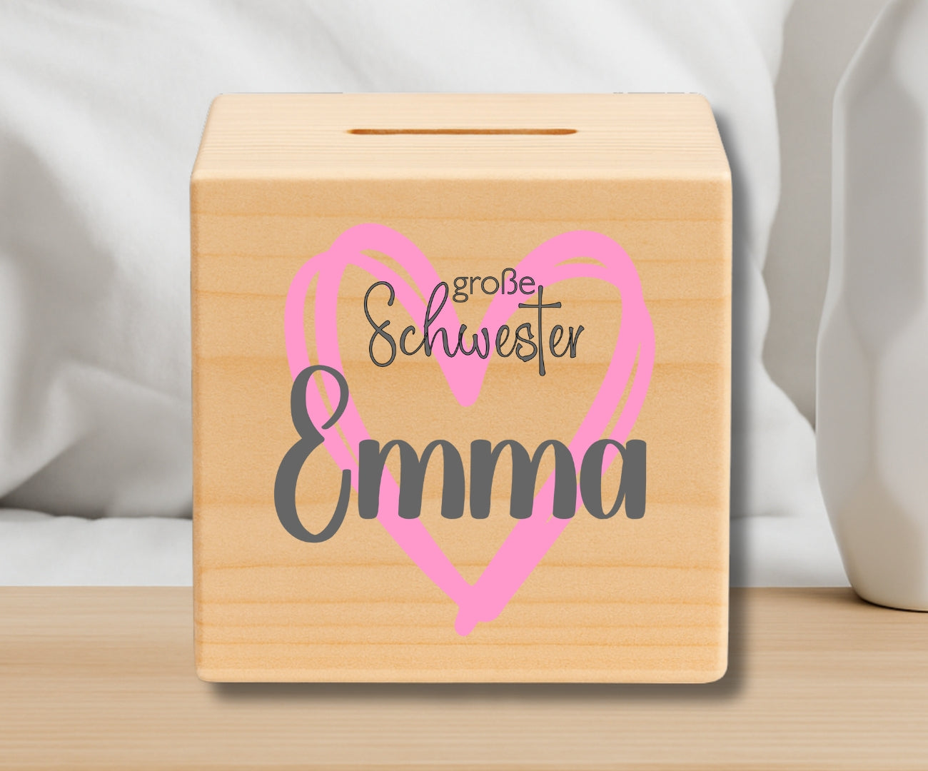 Holz Spardose Kinder personalisiert Geschwister Motiv mit Namen grosse Schwester kleiner Bruder