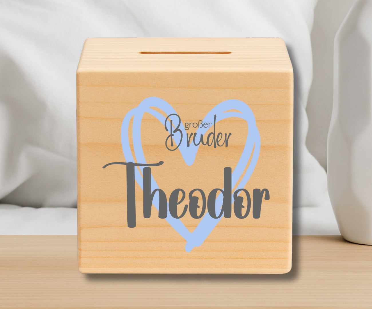 Holz Spardose Kinder personalisiert Geschwister Motiv mit Namen grosse Schwester kleiner Bruder