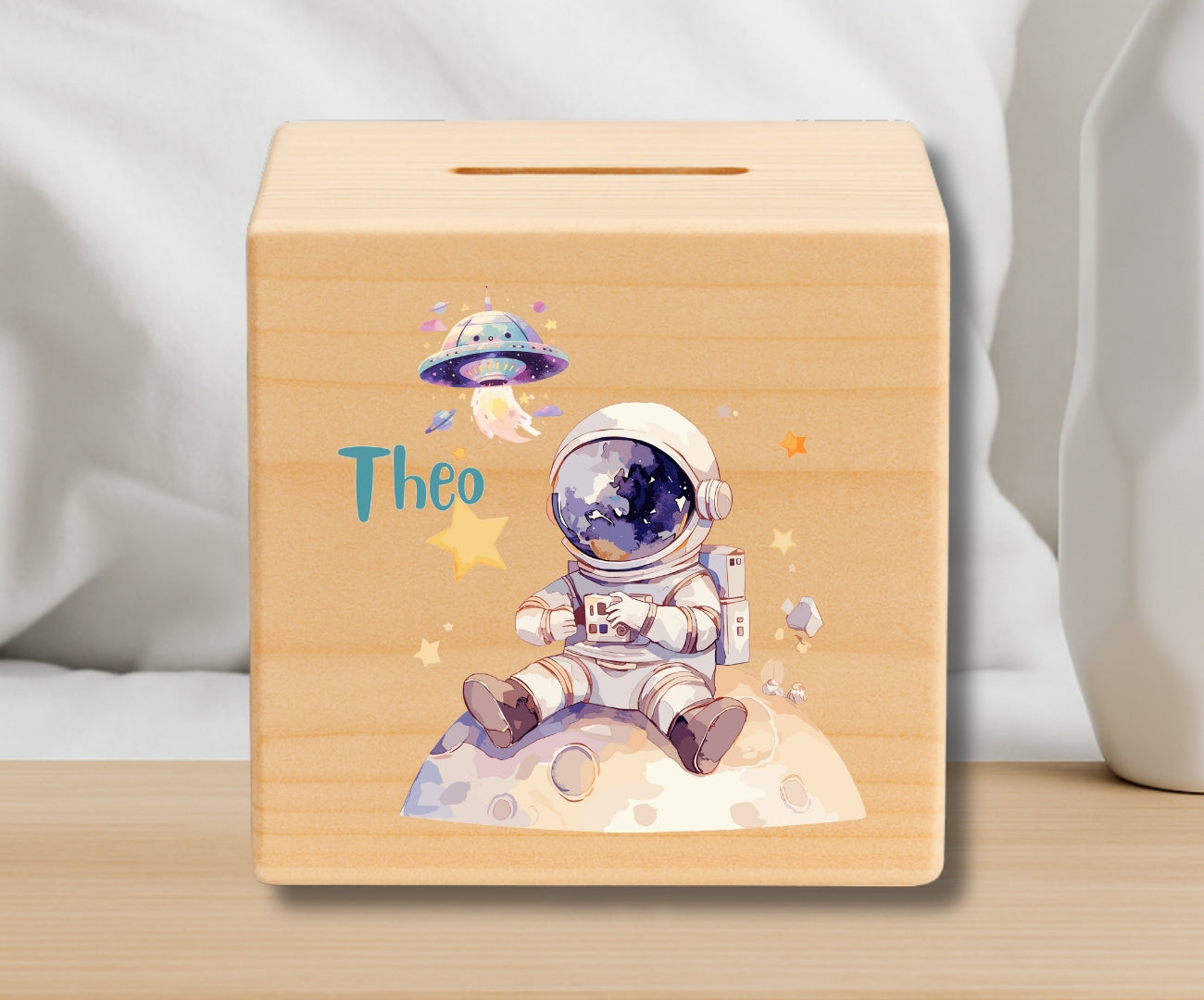 Holz Spardose Kinder personalisiert – Weltall Motiv mit Namen – Rakete, Astronaut, Planeten