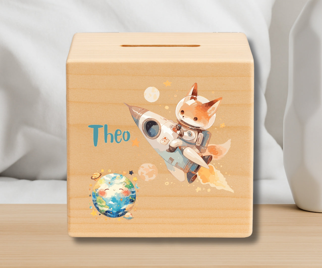 Holz Spardose Kinder personalisiert – Weltall Motiv mit Namen – Rakete, Astronaut, Planeten