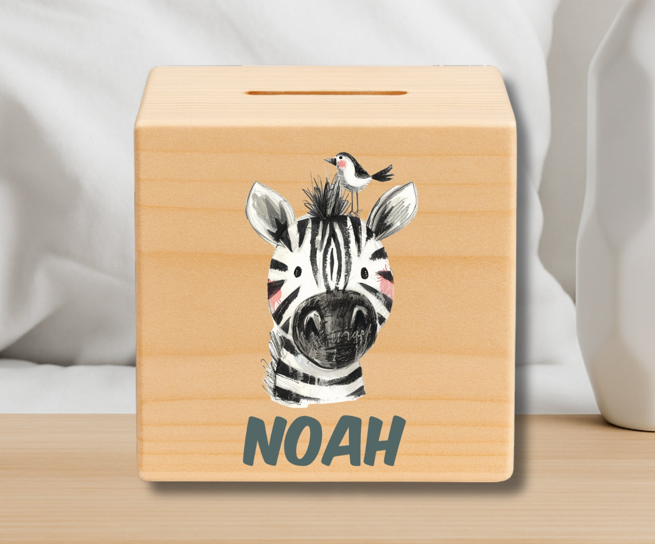 Holz Spardose Kinder personalisiert – Bunte Tiermotive mit Namen