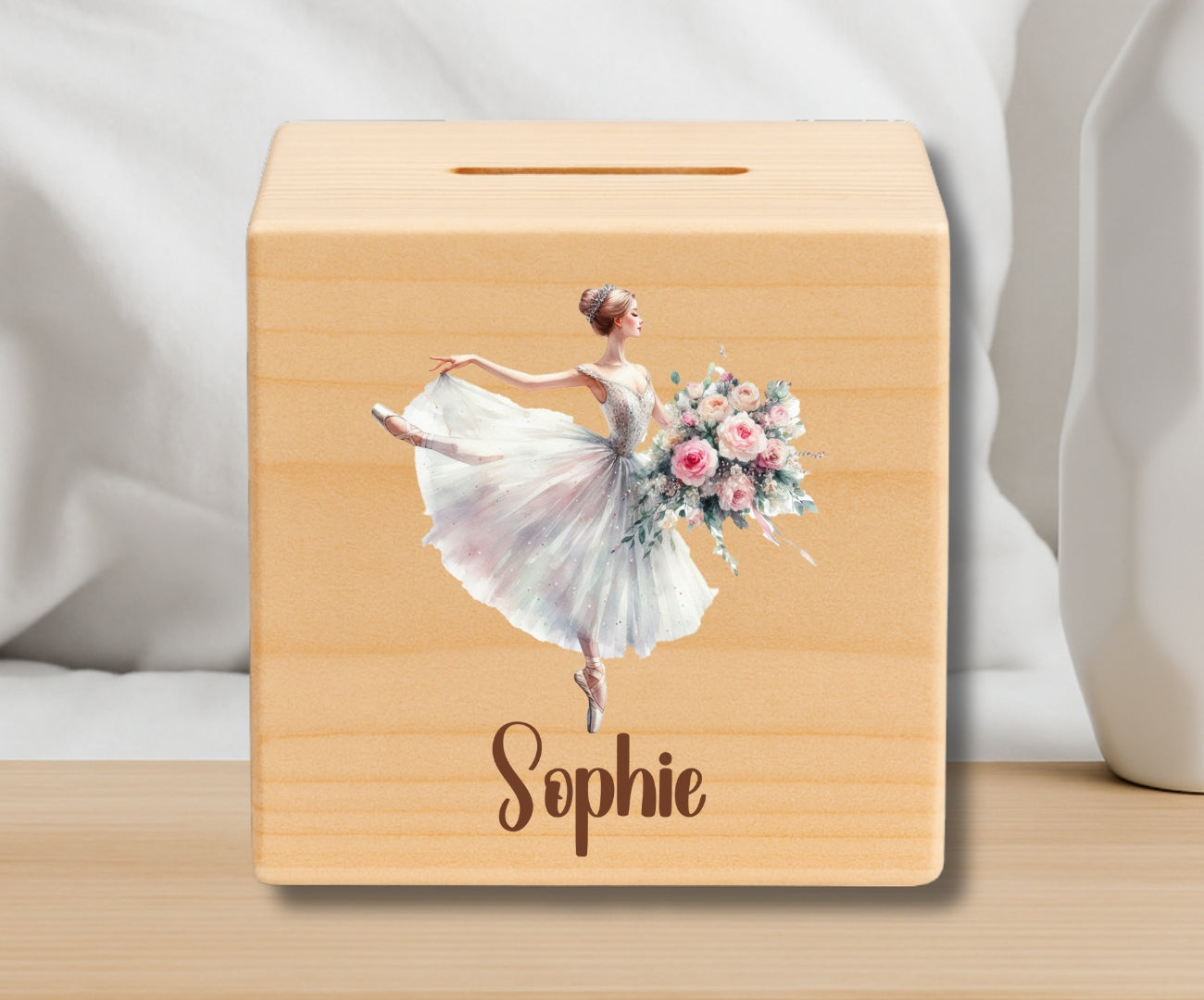 Holz Spardose Kinder personalisiert – Ballerina Motiv mit Namen