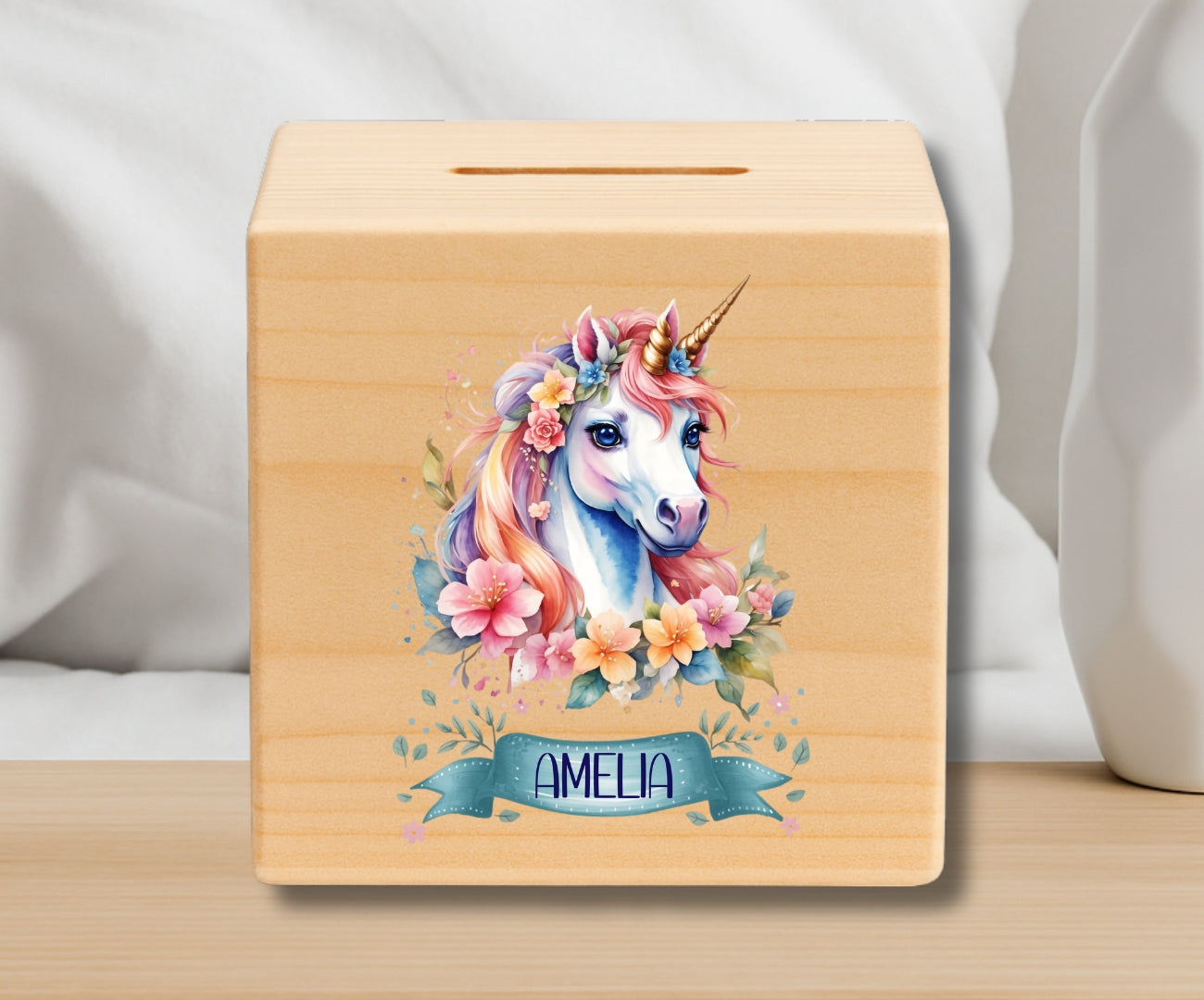 Holz Spardose Kinder personalisiert – Einhorn Motiv mit Namen