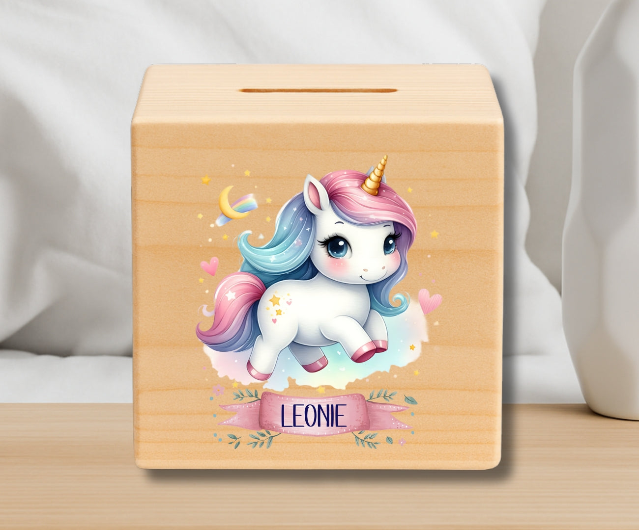 Holz Spardose Kinder personalisiert – Einhorn Motiv mit Namen