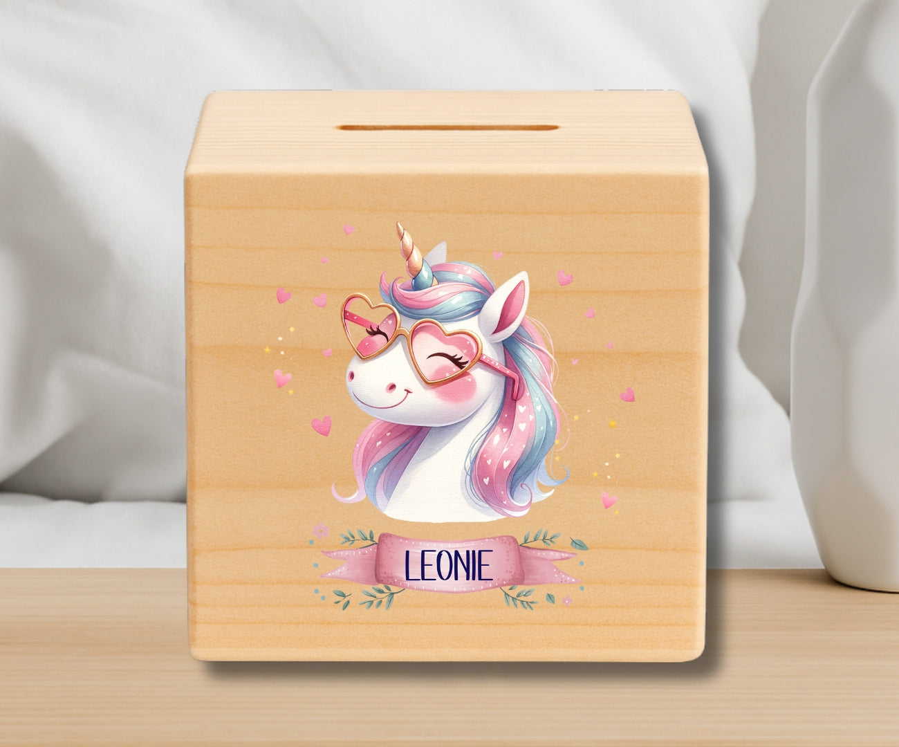 Holz Spardose Kinder personalisiert – Einhorn Motiv mit Namen