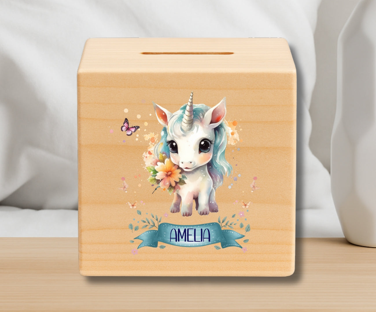 Holz Spardose Kinder personalisiert – Einhorn Motiv mit Namen