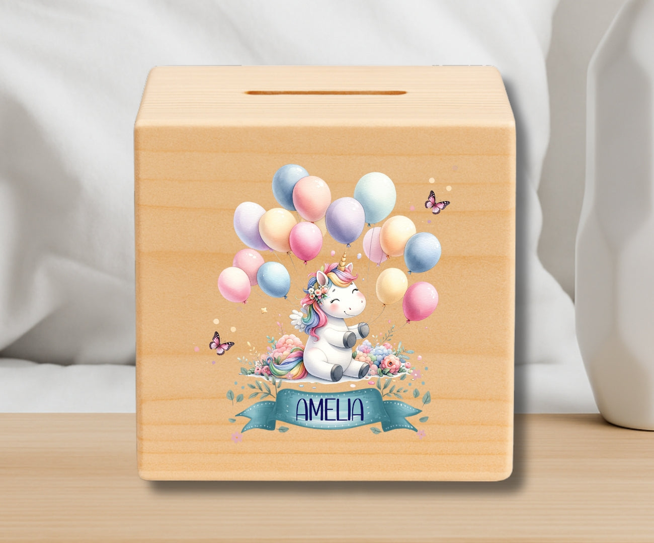 Holz Spardose Kinder personalisiert – Einhorn Motiv mit Namen