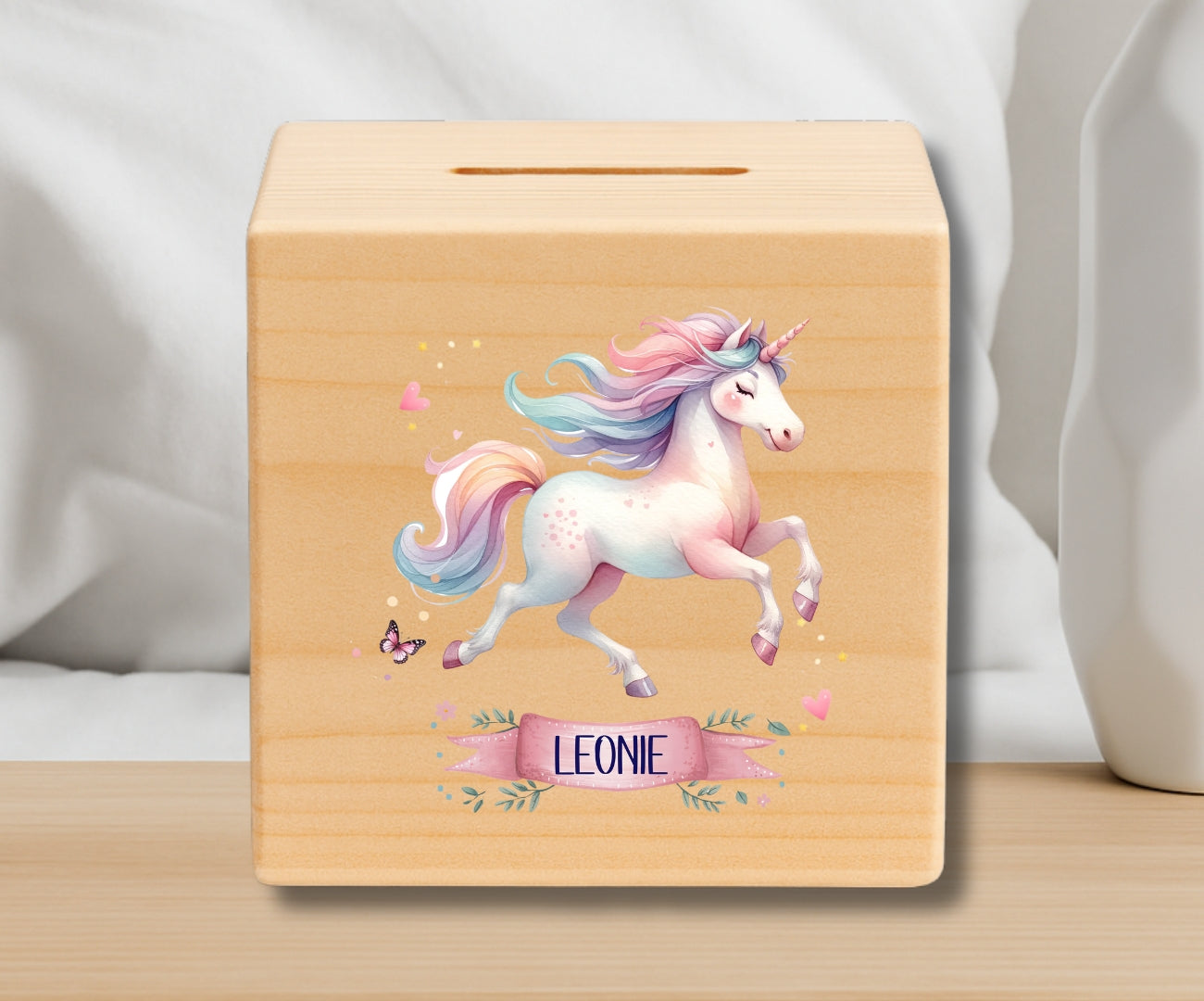 Holz Spardose Kinder personalisiert – Einhorn Motiv mit Namen