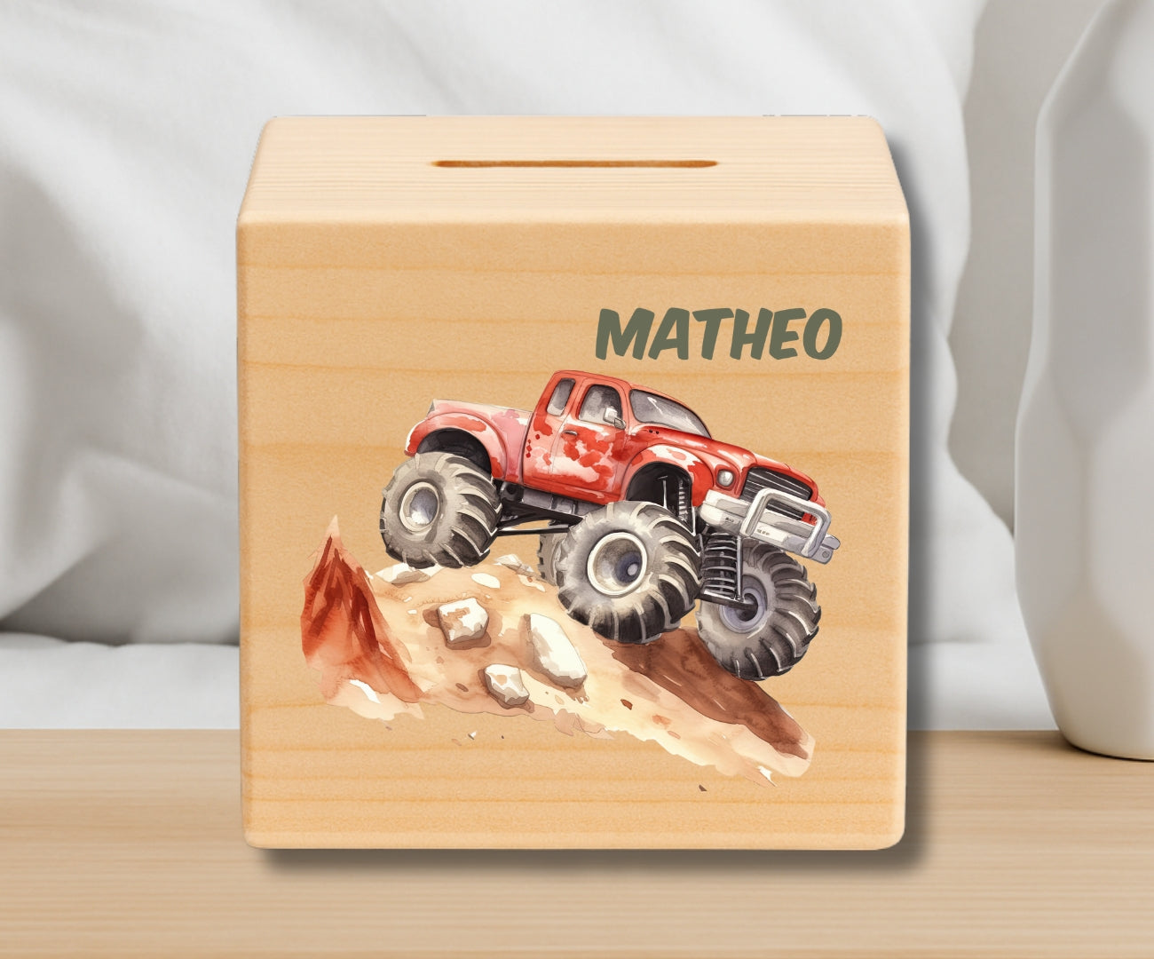 Holz Spardose Kinder personalisiert – Auto Motiv mit Namen – Geschenk Jungen
