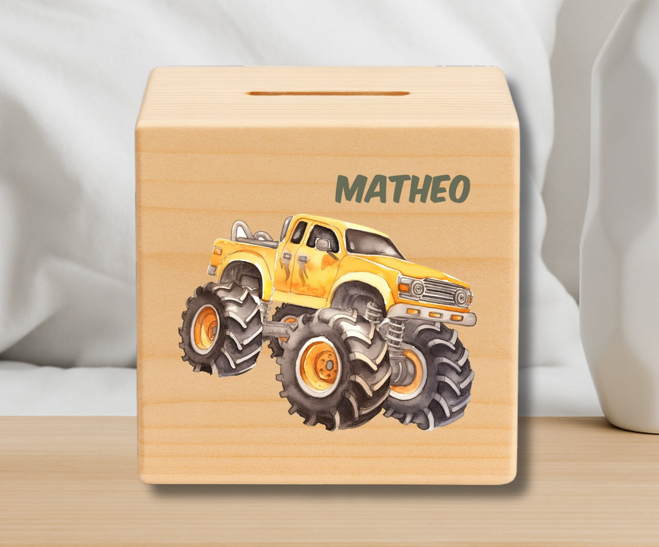 Holz Spardose Kinder personalisiert – Auto Motiv mit Namen – Geschenk Jungen