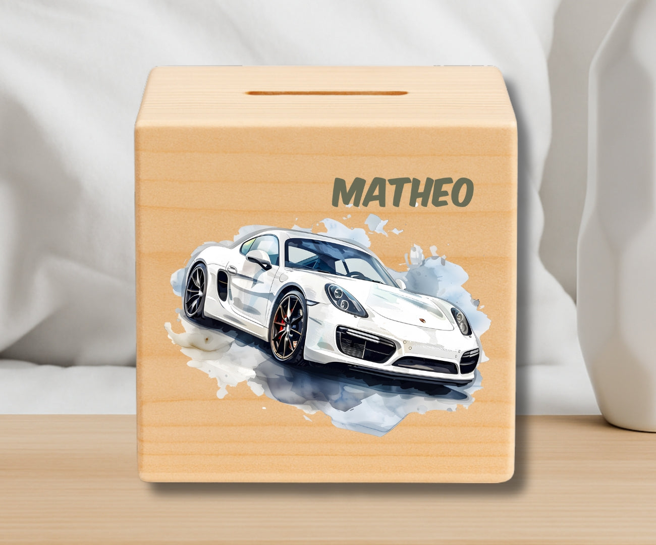 Holz Spardose Kinder personalisiert – Auto Motiv mit Namen – Geschenk Jungen