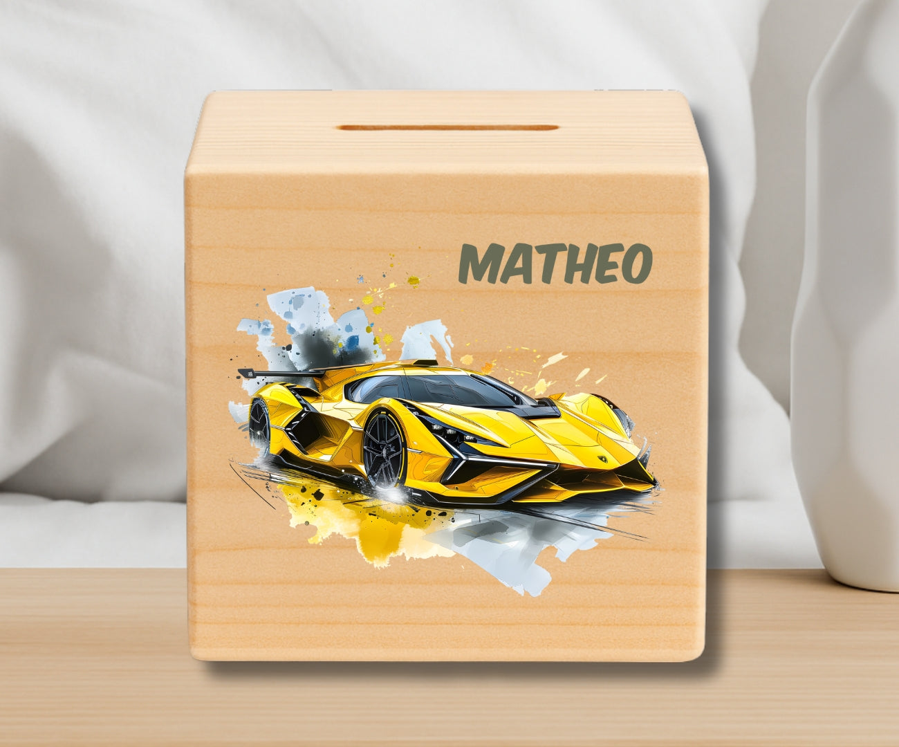 Holz Spardose Kinder personalisiert – Auto Motiv mit Namen – Geschenk Jungen