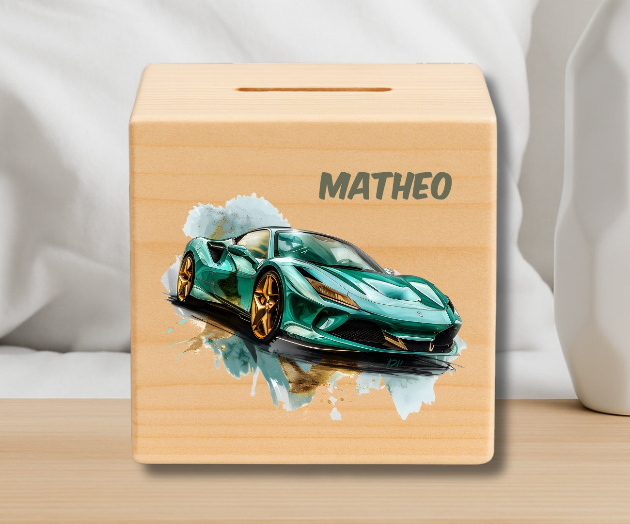 Holz Spardose Kinder personalisiert – Auto Motiv mit Namen – Geschenk Jungen
