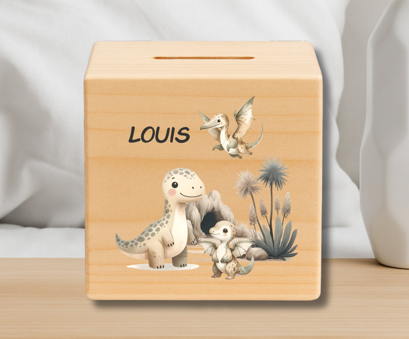 Holz Spardose Kinder personalisiert – Dino Motiv mit Namen – Geschenk Jungen & Mädchen