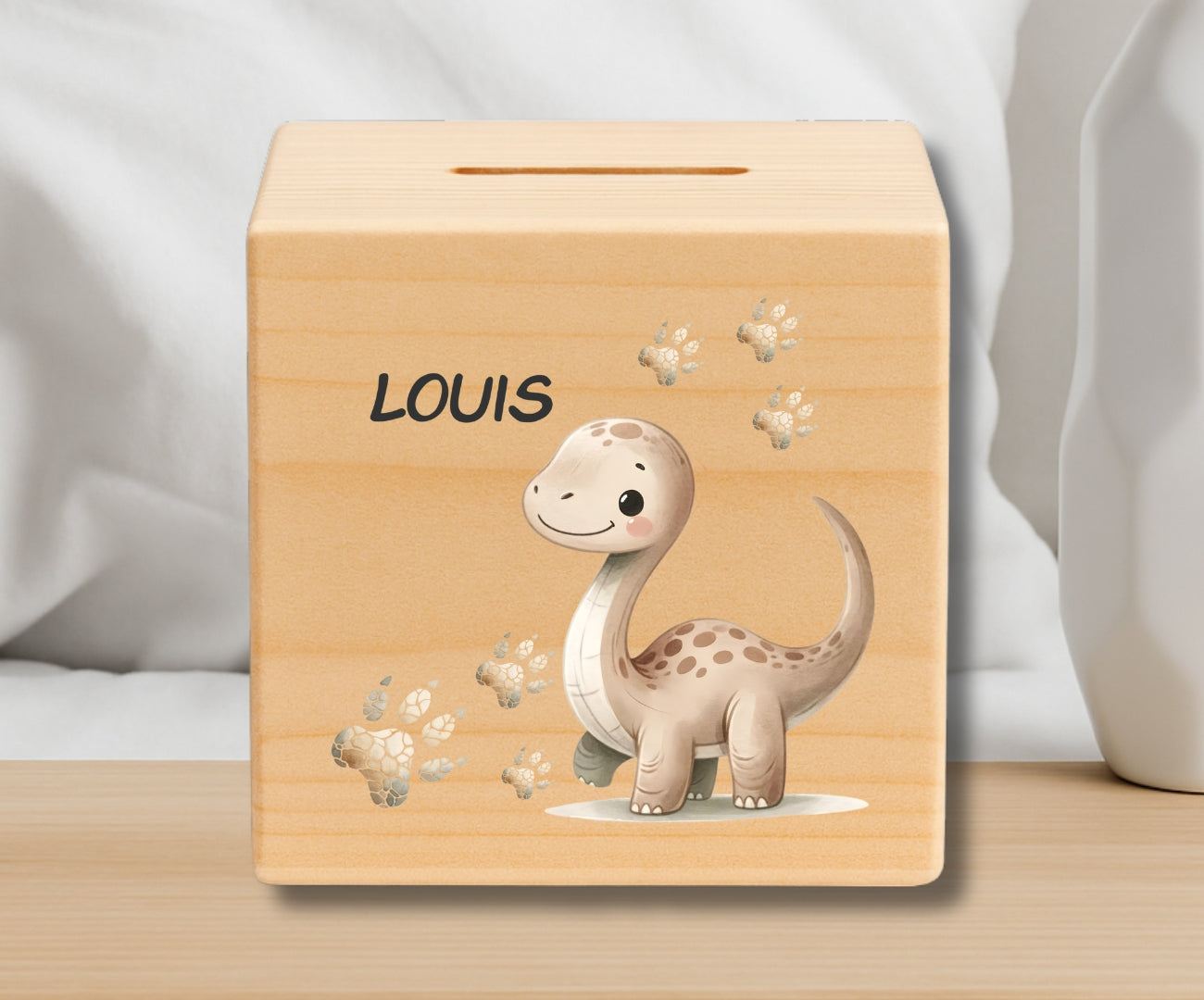 Holz Spardose Kinder personalisiert – Dino Motiv mit Namen – Geschenk Jungen & Mädchen