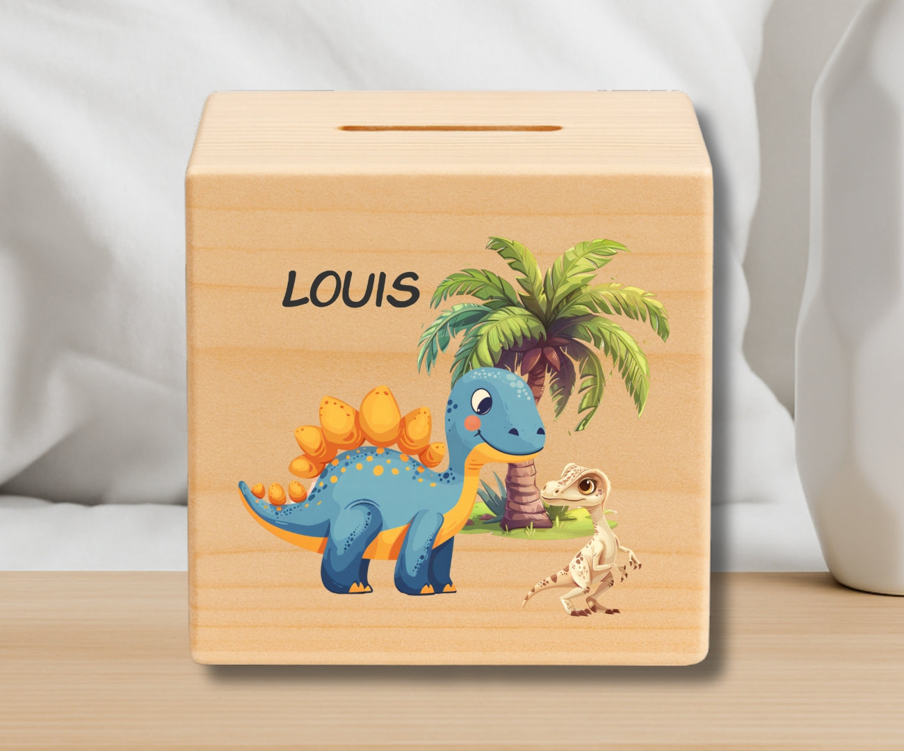 Holz Spardose Kinder personalisiert – Dino Motiv mit Namen – Geschenk Jungen & Mädchen