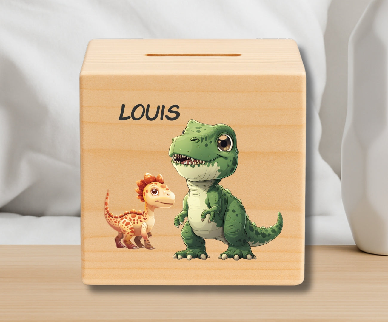 Holz Spardose Kinder personalisiert – Dino Motiv mit Namen – Geschenk Jungen & Mädchen