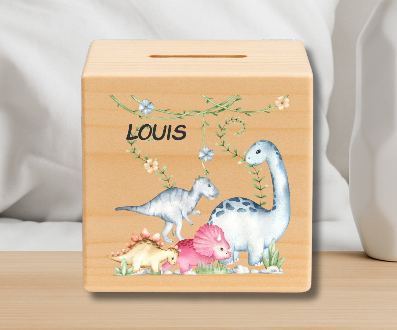 Holz Spardose Kinder personalisiert – Dino Motiv mit Namen – Geschenk Jungen & Mädchen