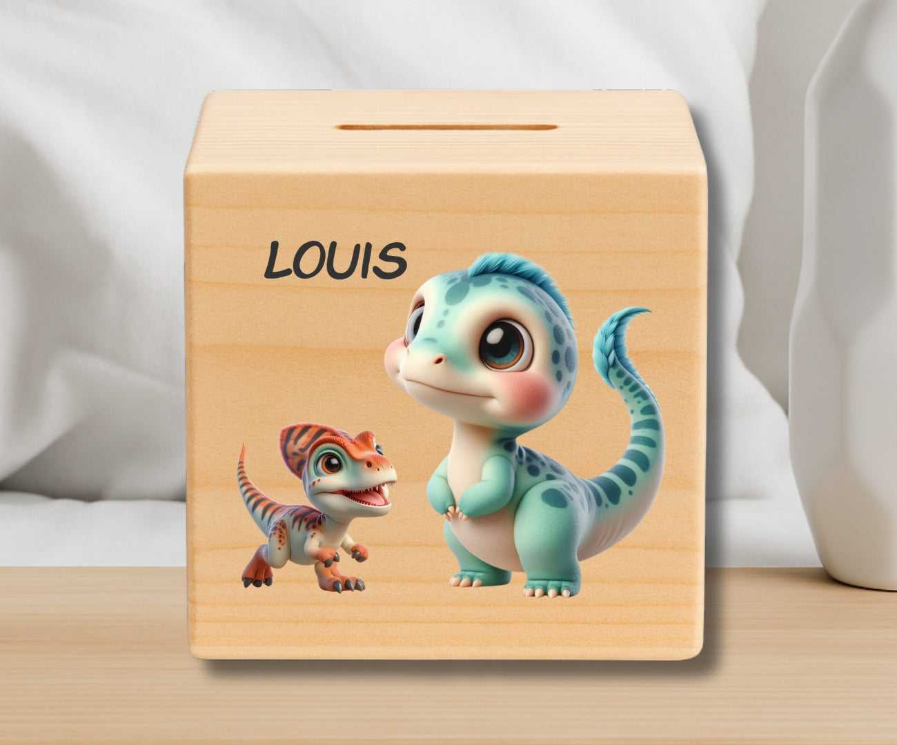 Holz Spardose Kinder personalisiert – Dino Motiv mit Namen – Geschenk Jungen & Mädchen