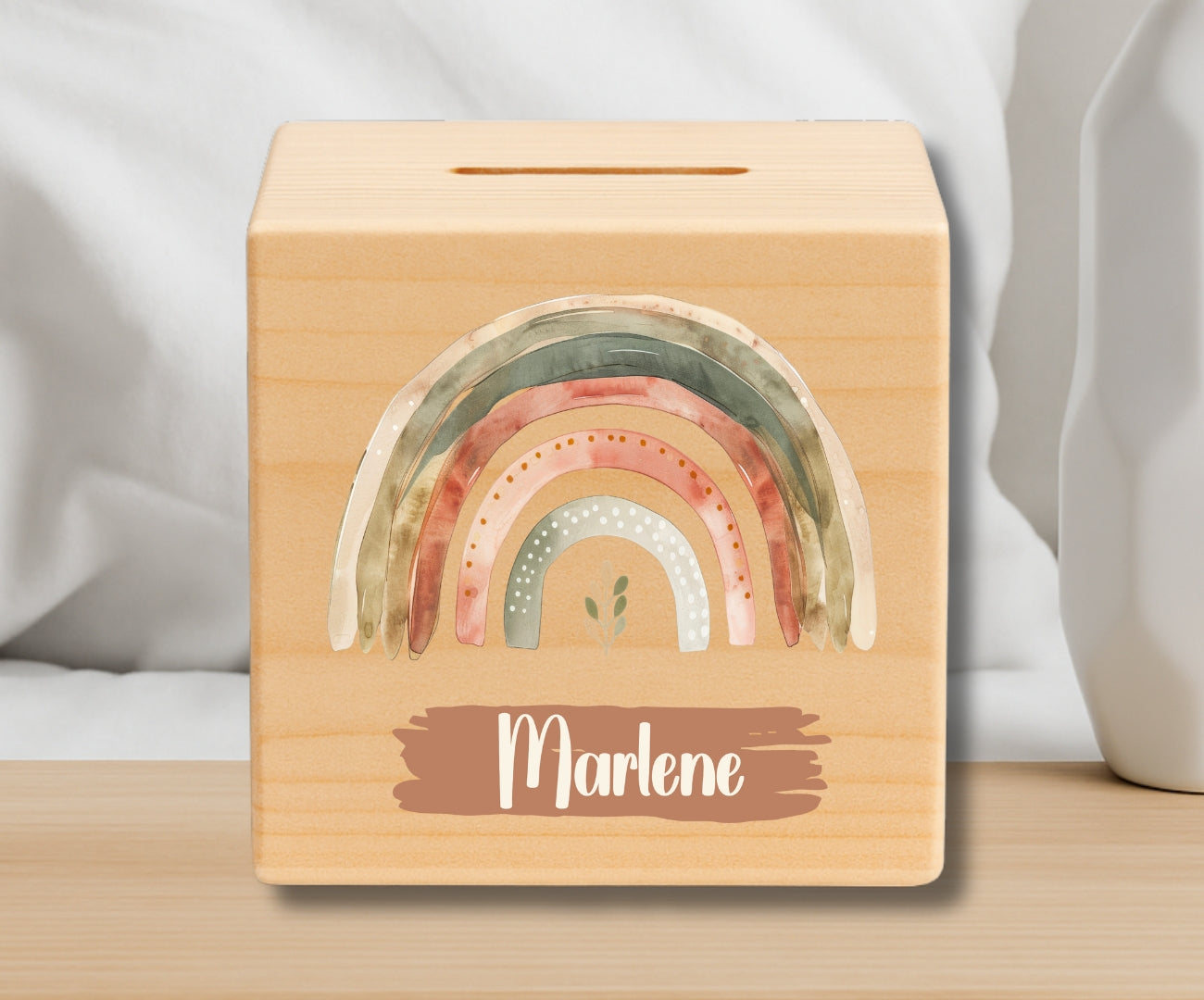 Holz Spardose Kinder personalisiert – Regenbogen Motiv mit Namen – Geschenk Jungen & Mädchen