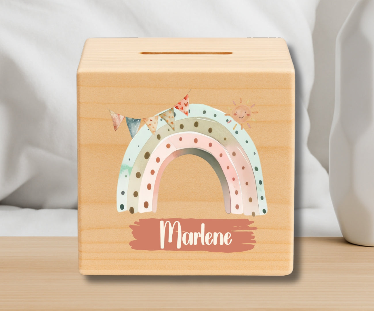 Holz Spardose Kinder personalisiert – Regenbogen Motiv mit Namen – Geschenk Jungen & Mädchen