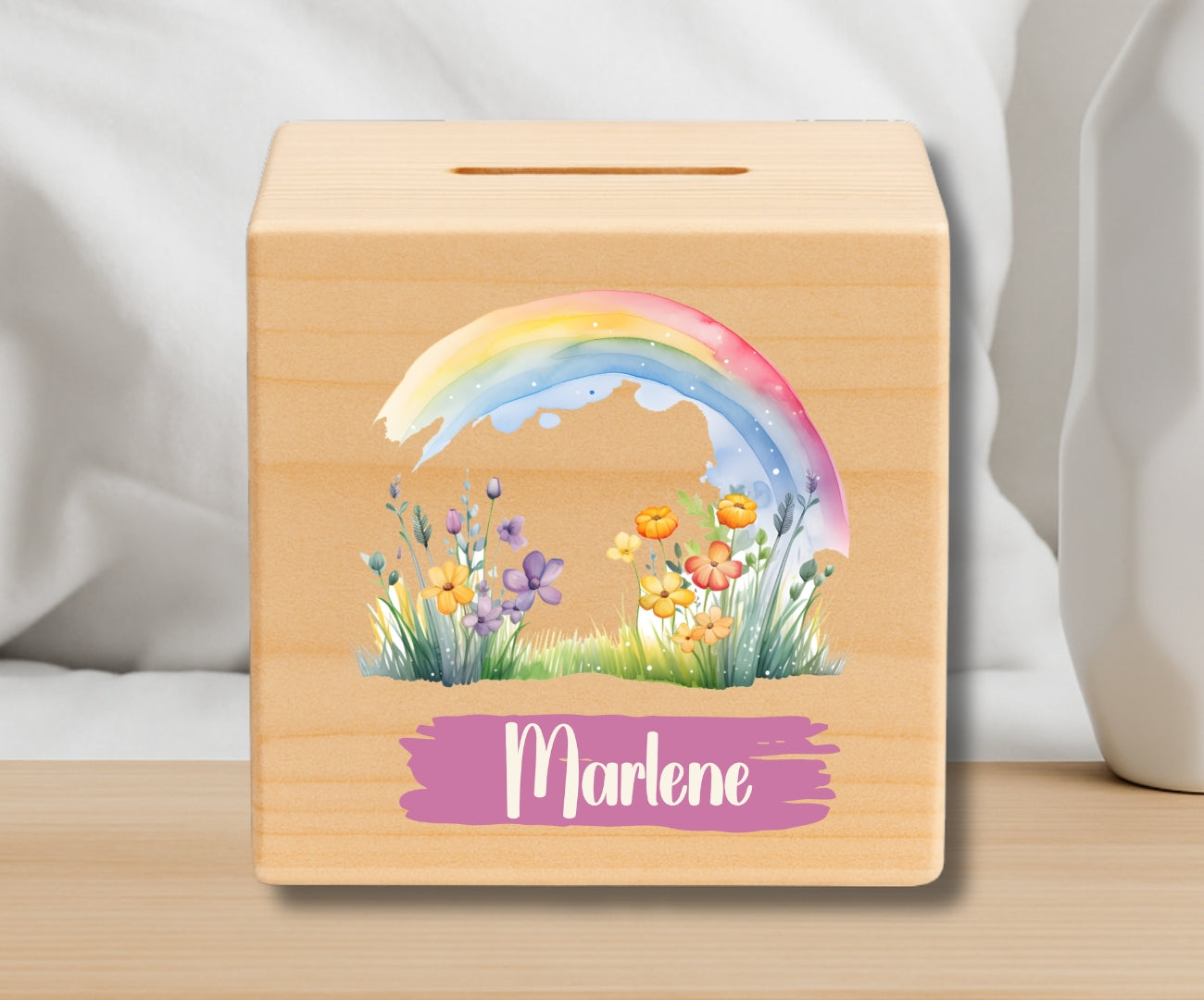 Holz Spardose Kinder personalisiert – Regenbogen Motiv mit Namen – Geschenk Jungen & Mädchen